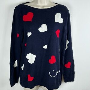 Talbots Navy Sweater L’Amour Heart Print Cotton Cashmere Blend sz LP Valentine